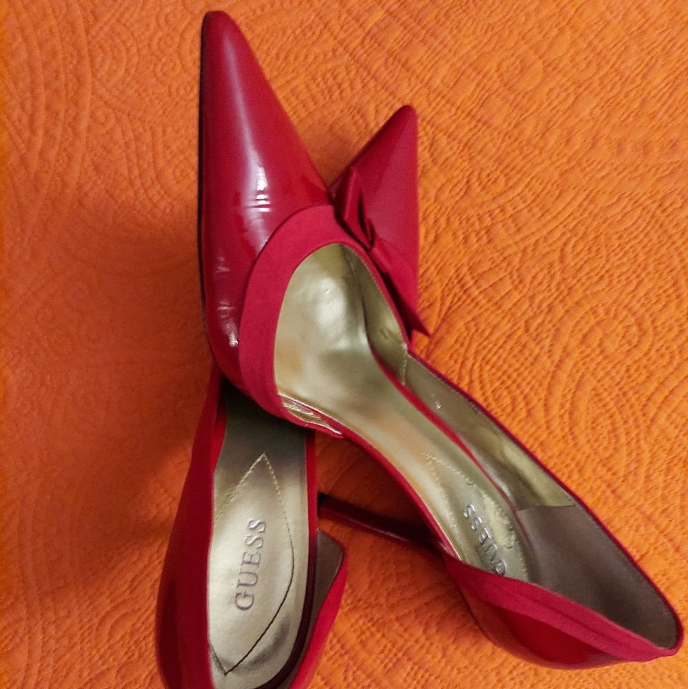 Guess Red Patent Leather Peep Toe Pumps